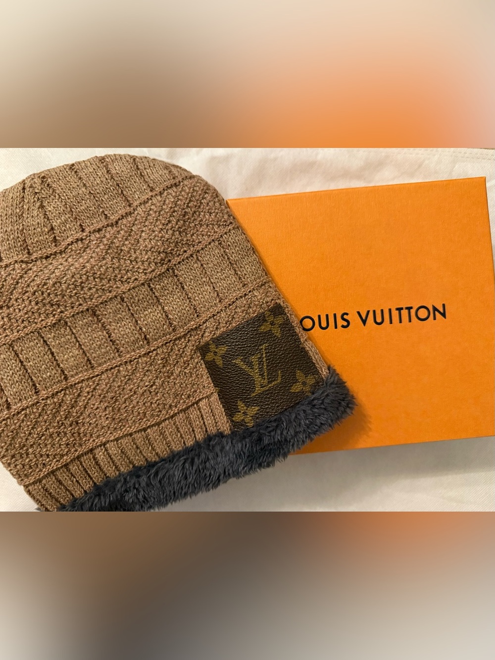 Tan Knit Beanie with Monogram Patch and Dark Fur Trim
